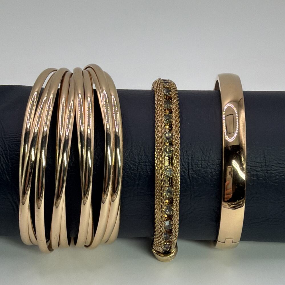 Gold Tone Cuff Bracelet Bracelet Lot of 3 Mesh Rhinestone Wide Chunky Slim Hinge